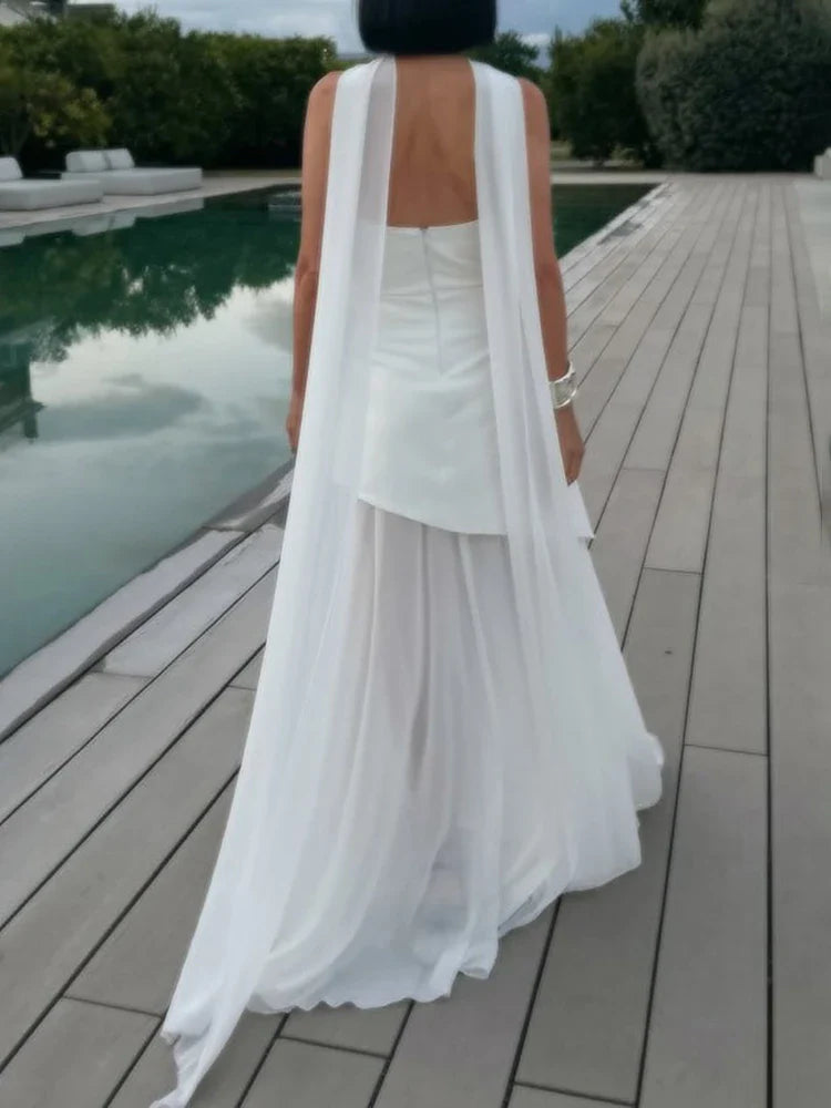 2025 Summer Women Fashion Strapless Dress With Ribbon Patchwork Elegant Sleeveless Mesh Split Dress Vacation Beach Long Dresses