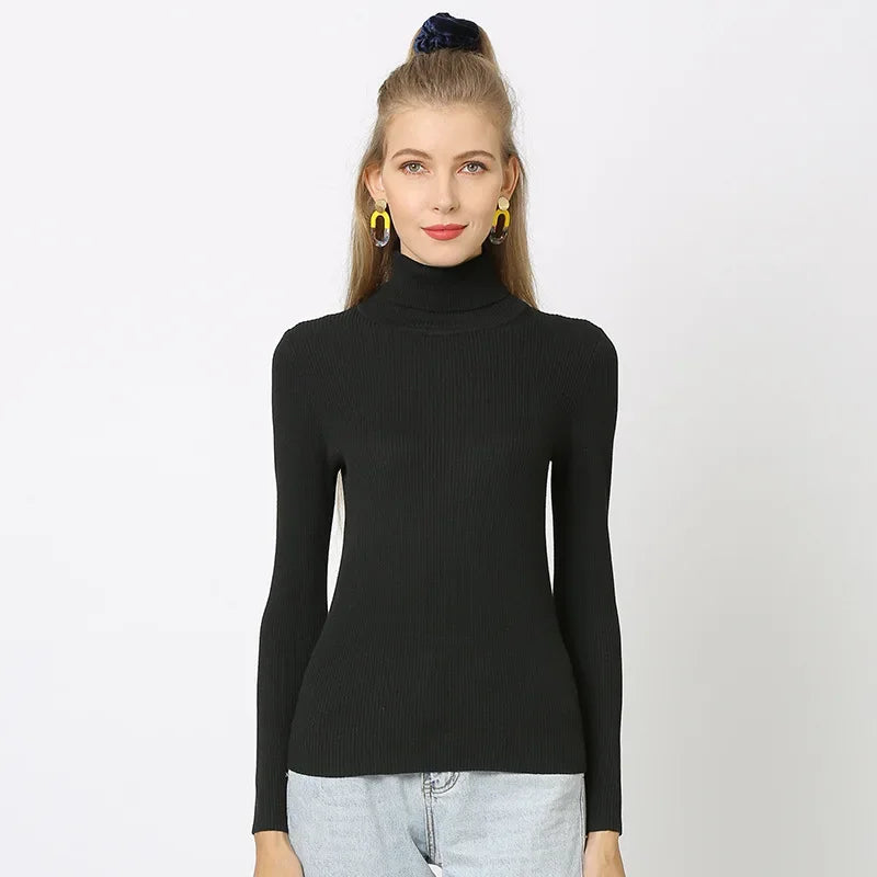 Women Turtleneck Sweaters Solid Color Autumn Winter Warm Knitted Pullovers Soft Tops Female Slim Fit Knitwear Lady Basic Jumpers
