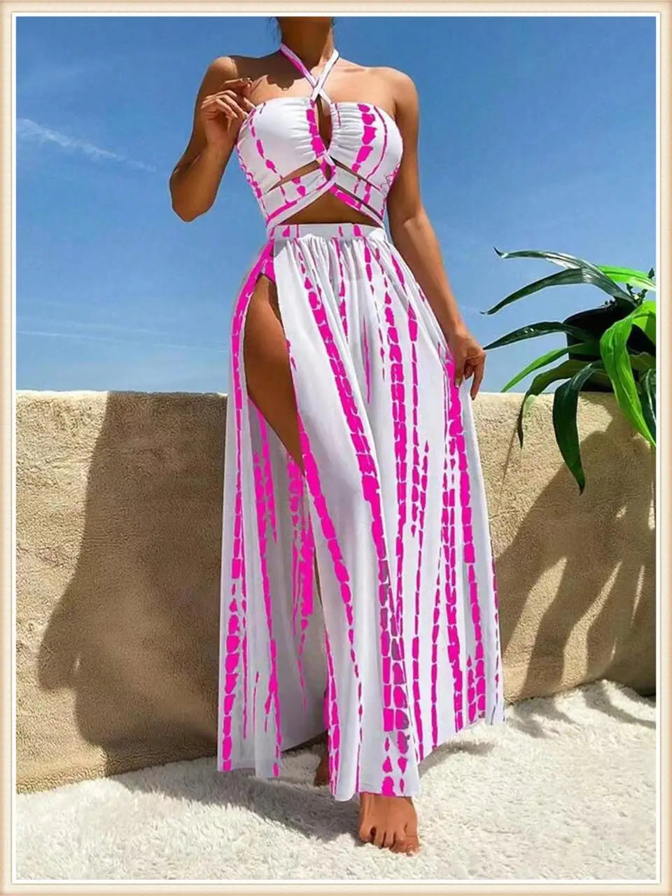3 Pieces Tie Dye Cross Bikini 2025 Women Sexy Halter Swimsuit & Cover Up Pants Swimwear Bathers Bathing Swimming Suit Beachwear
