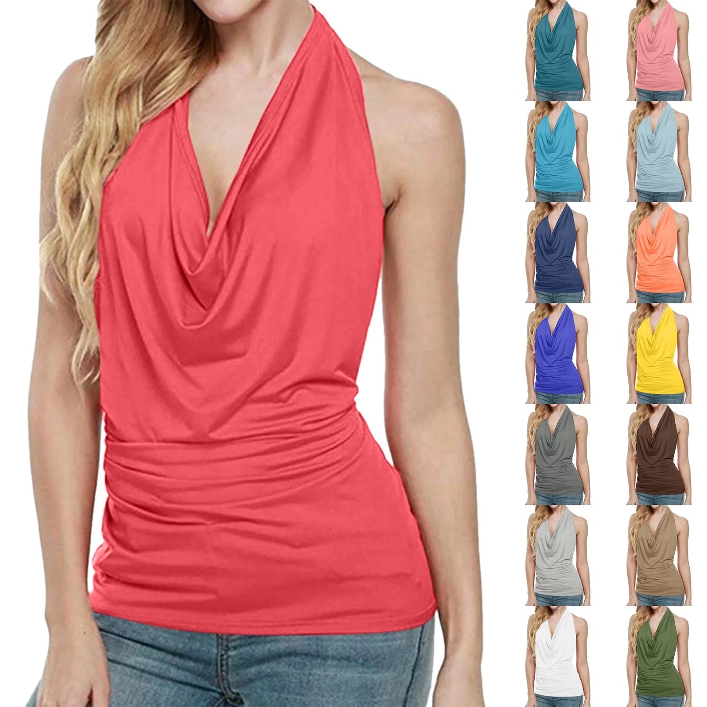 Vintage Tank Top Women Clothes Summer Backless Halter Vest Sexy Drape Cowl V Neck Women's Sleeveless Beachwear Solid Shirt Blusa