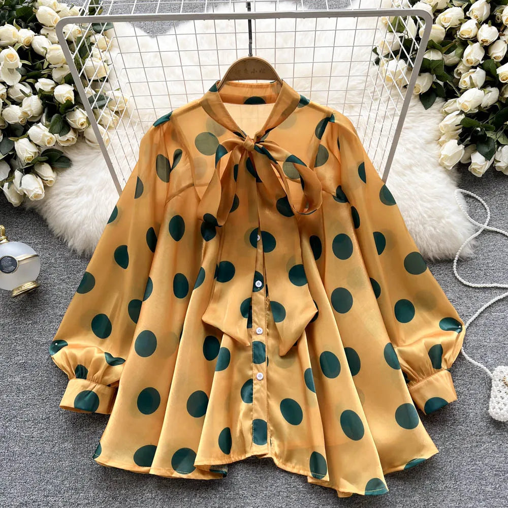 2023 Women's Spring Summer New All-match Chiffon Shirt Bow Tie Long-sleeved Polka Dot Western-style Top Blouse D999