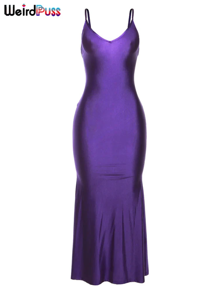Weird Puss Sexy Backless Women Evening Maxi Dress Folds V-Neck Sleeveless Coquette Elegant Mermaid Matching Banquet Prom Bodycon