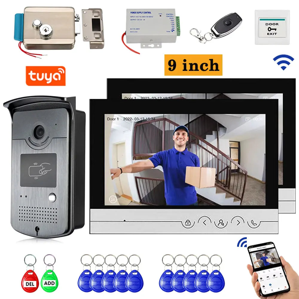  WiFi Video Doorphone Intercom 4 Wire 1V1/1V2 9 inch LCD RFID Camera Doorbell Access Control System APP Unlock W/ Electric Lock