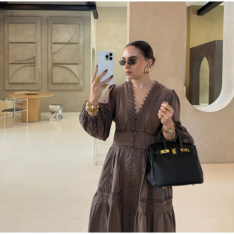 Elegant Lace Hollow Out Women's Long Dress Solid V-neck Patchwork Puff Sleeve Bodycon Dressess Female 2025 Spring New Lady Robes