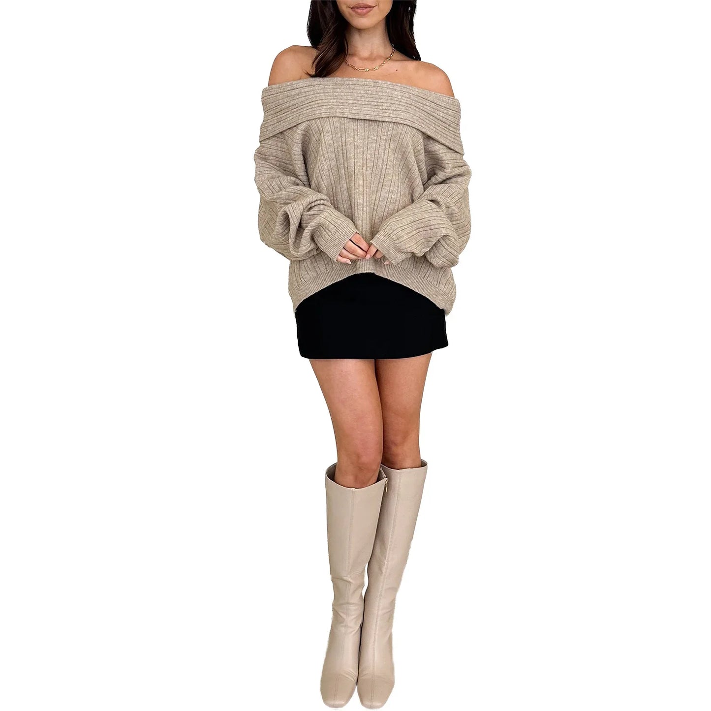 Women s Off Shoulder Sweaters Long Sleeve Solid Color Pullovers Ribbed Knit Tops