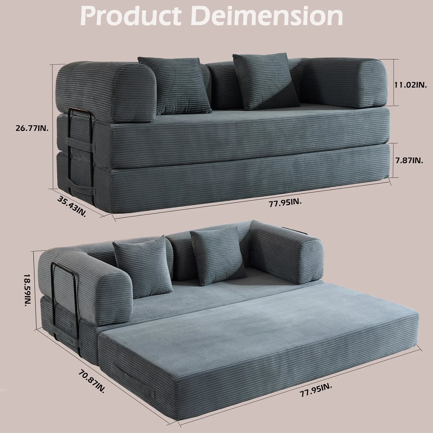 79" Folding Convertible Sofa Bed, Oversized Corduroy Futon Floor Couch, Boneless Loveseat for Small Spaces, Living Room, Bedroom