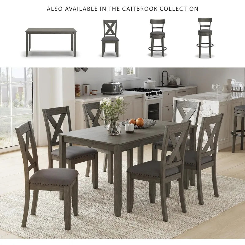 Rustic 7-Piece Dining Set, Gray Rectangular Table, with 6 Upholstered X-Back Chairs, Farmhouse Design.