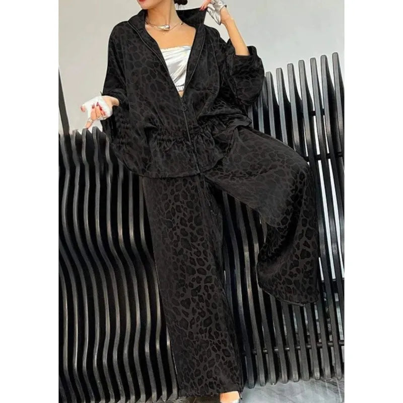 Spring Autumn Fashion Leopard Print 2 Piece Sets Women Fall Lapel Zipper Drawstring Coat Wide-leg Pants Outfit  Long Sleeve Suit