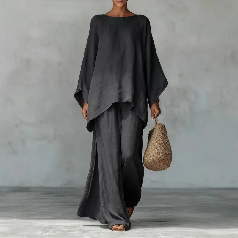 Women's Elegant Loose Round Neck Top Wide Leg Pants Set Casual Simple Long Sleeve Solid Color Two-Piece Set
