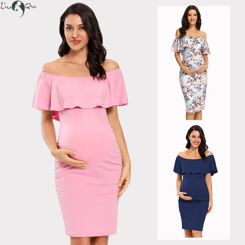 Liu&Qu Women's Maternity Dress Off Shoulder Ruffle Sleeveless Bodycon Dress Elegant Ruched Sides Bodycon Dresses for Baby Shower