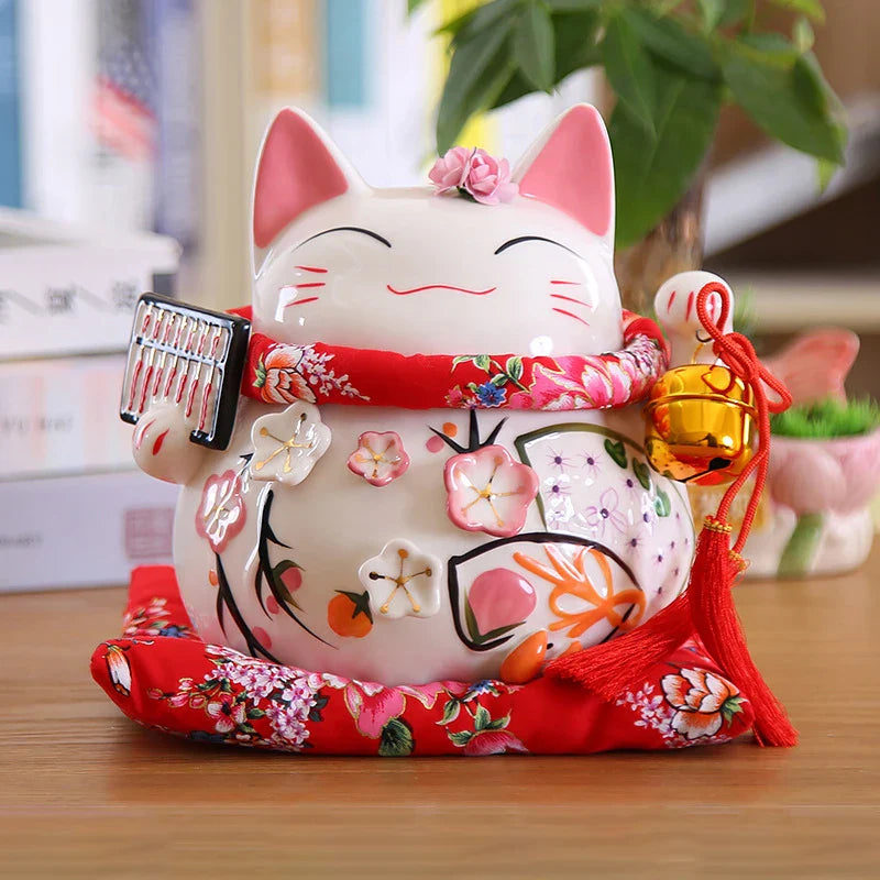 8 inch Japanese Maneki-Neko Ceramic Lucky Cat Fortune Cat Fengshui Statue Porcelain Money Box Home Decor Gift for Business