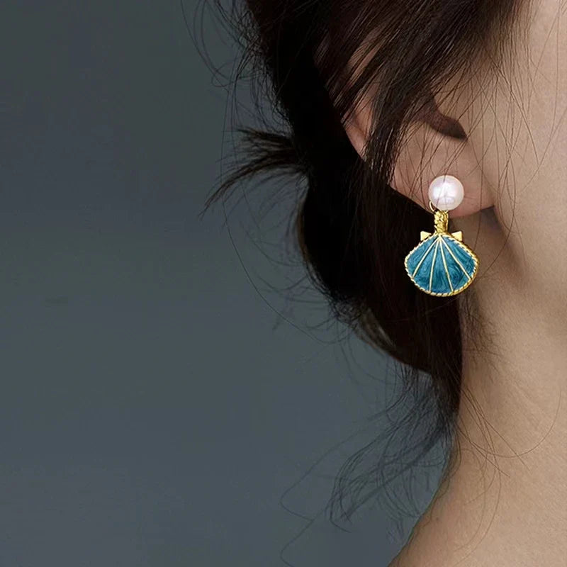 EtherealBe Blue Shell Pearl Dangle Earrings