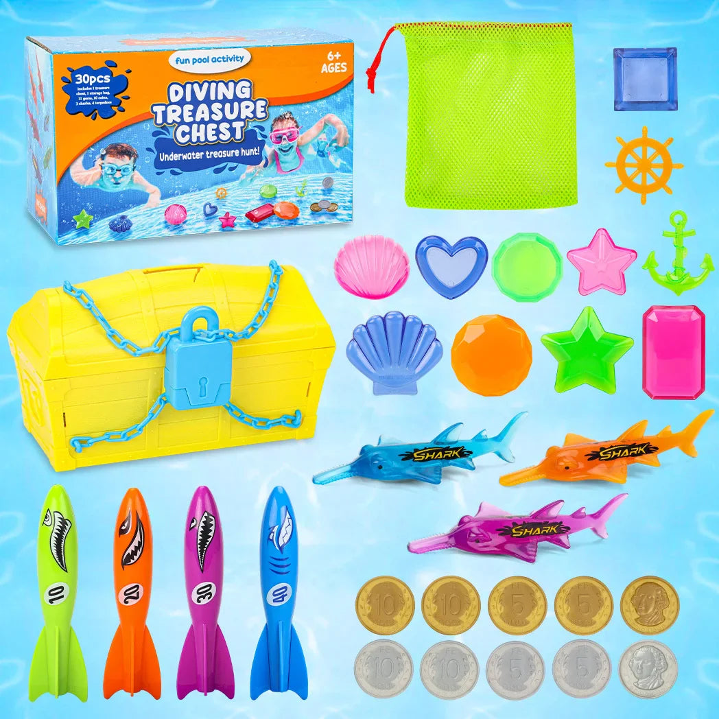 Pool Diving Treasure Chest Set includes treasure Chest, gems, gold silver coins and net bag, summer Pool Pirate diving game toys