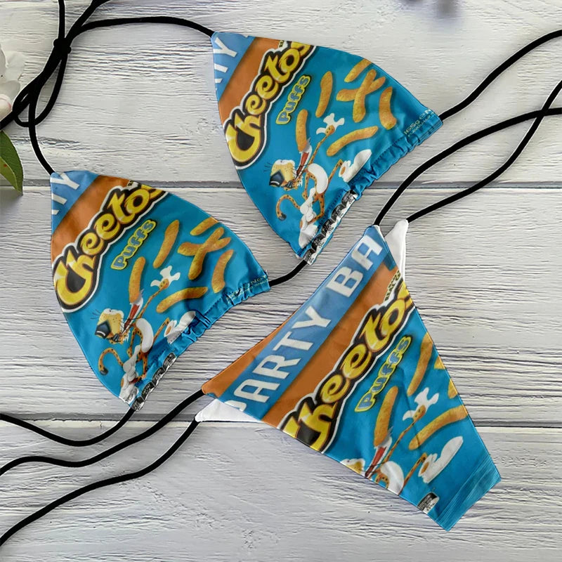 Funny food and potato chip print summer swimsuit women sexy bikini panties thong G-string swimming trunks beachwear