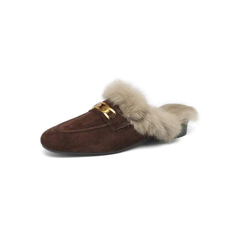 2023 Winter Sheep Suede Women Shoes Rabbit Hair Mules Shoes for Women Round Toe Low Heel Slippers Chunky Heel Cover Toe Slippers