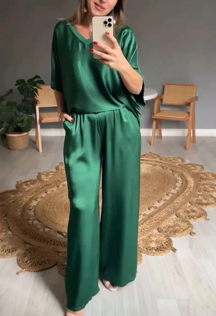 Summer Short-sleeved T-shirt Two-piece Set For Women V-neck Top Pullover Wide-leg Pants Suit For Women Spring Loose Satin Suit