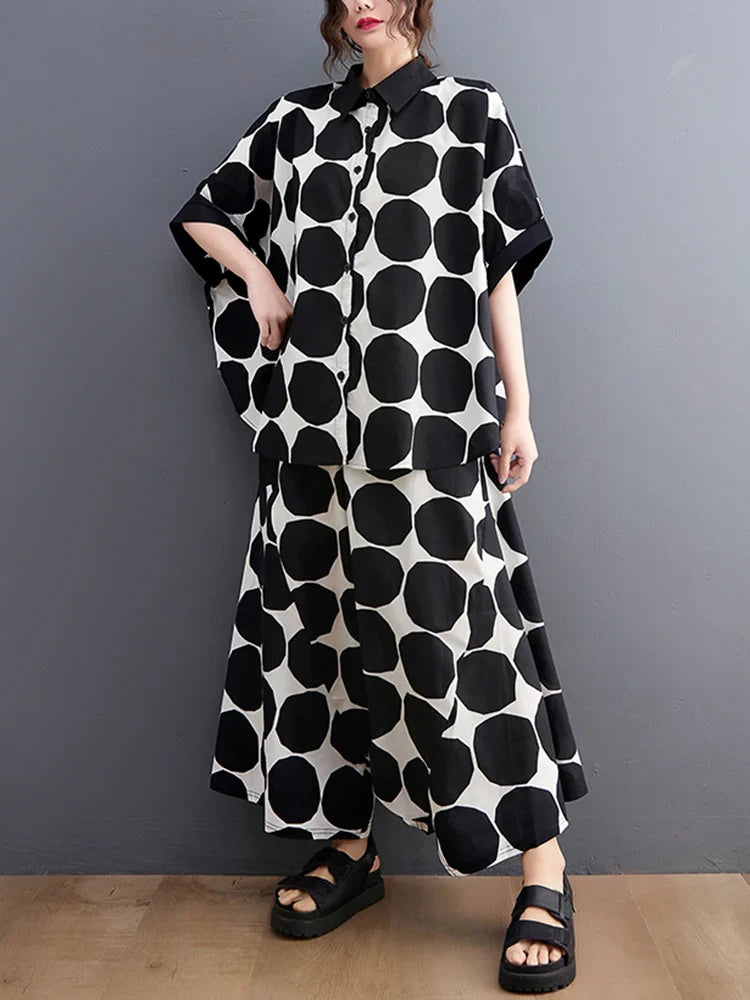 Polka Dot Print Summer Casual 2 Two Piece Set Short Sleeve Loose Blouse Women Shirt Top Fashion Clothing Harem Pants Suit 2026