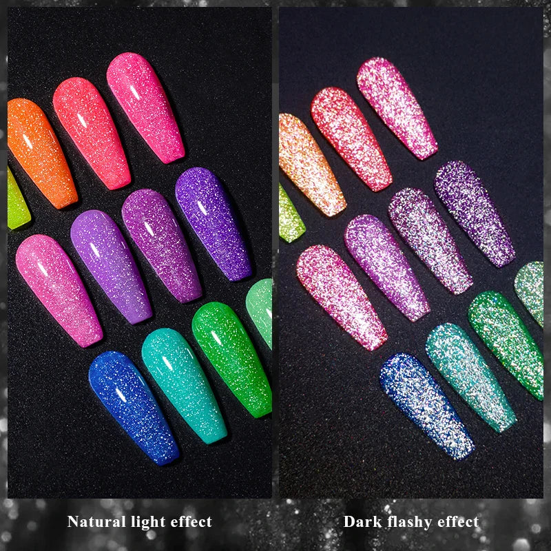 MEET ACROSS 7ml Pink Fluorescent Reflective Gel Nail Polish Glitter Neon Semi Permanent UV LED Gel Nail Art Varnish Manicure