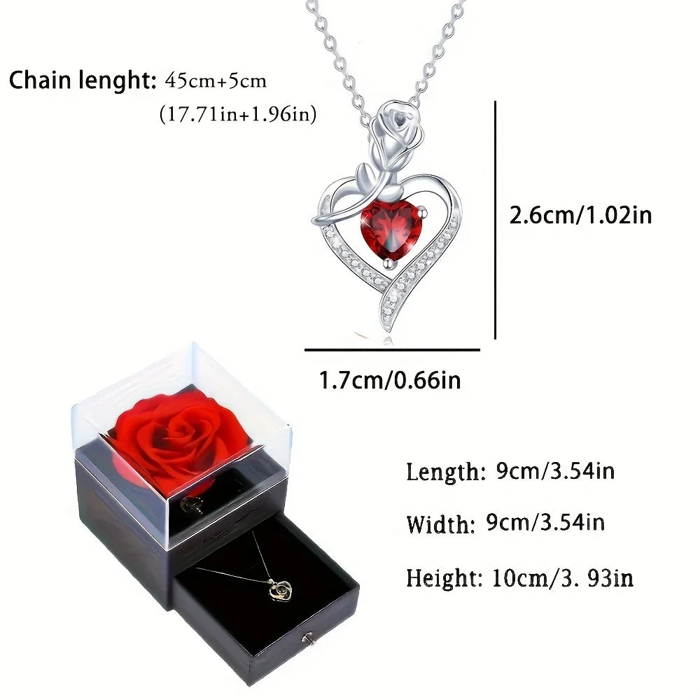 Luxury Red Zircon Heart Necklace With Rose Flower Gift Box For Girlfriend Birthday Valentine Gift  Romantic Accessories