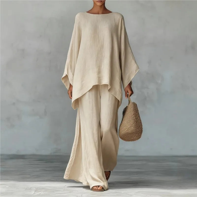 Women's Elegant Loose Round Neck Top Wide Leg Pants Set Casual Simple Long Sleeve Solid Color Two-Piece Set