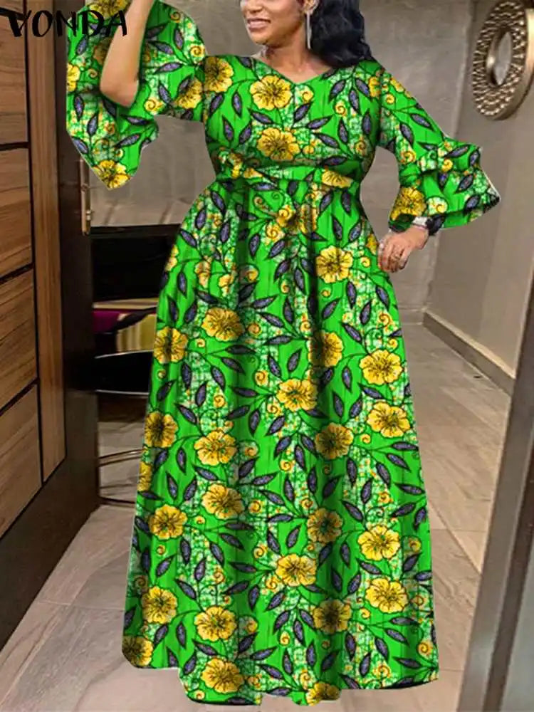 VONDA 2024 Fashion Maxi Dress Women Bohemian Floral Printed Dresses Sexy V-Neck Long Sleeve Ruffled Vestidos Casual Loose Robe