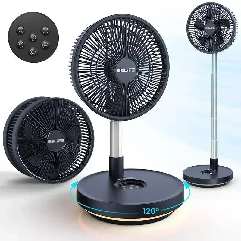 Belife X10 Portable Fan, Cordless Oscillating Fan with Remote, Foldable Telescopic Adjustable Height Fan with LED Light & Timer