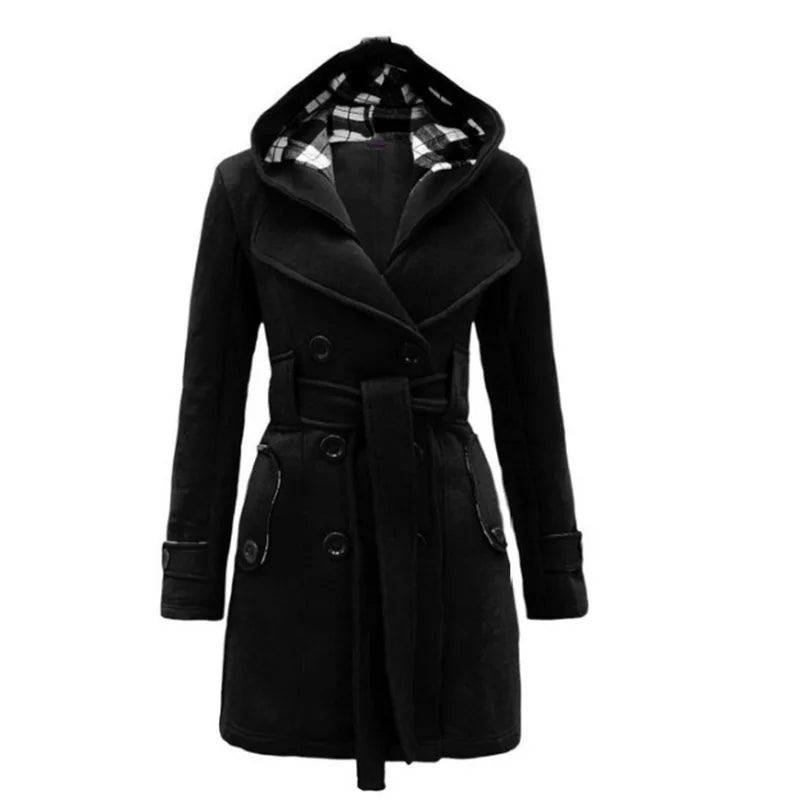 New Plaid Hooded Woolen Coat, Waist Belt Double Row Buttons, Mid-Length Outerwear.