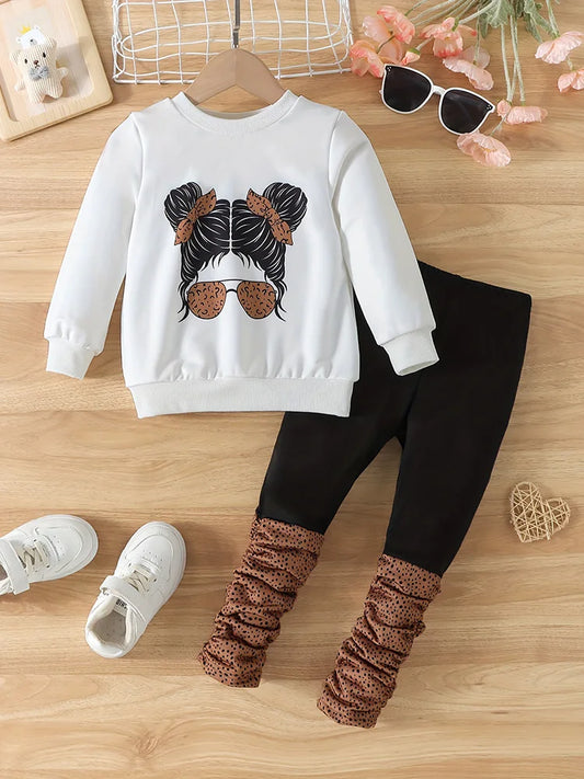 2-Piece Set for Girls: Autumn Portrait Print Round Neck Long-Sleeve Sweatshirt Pants Set.