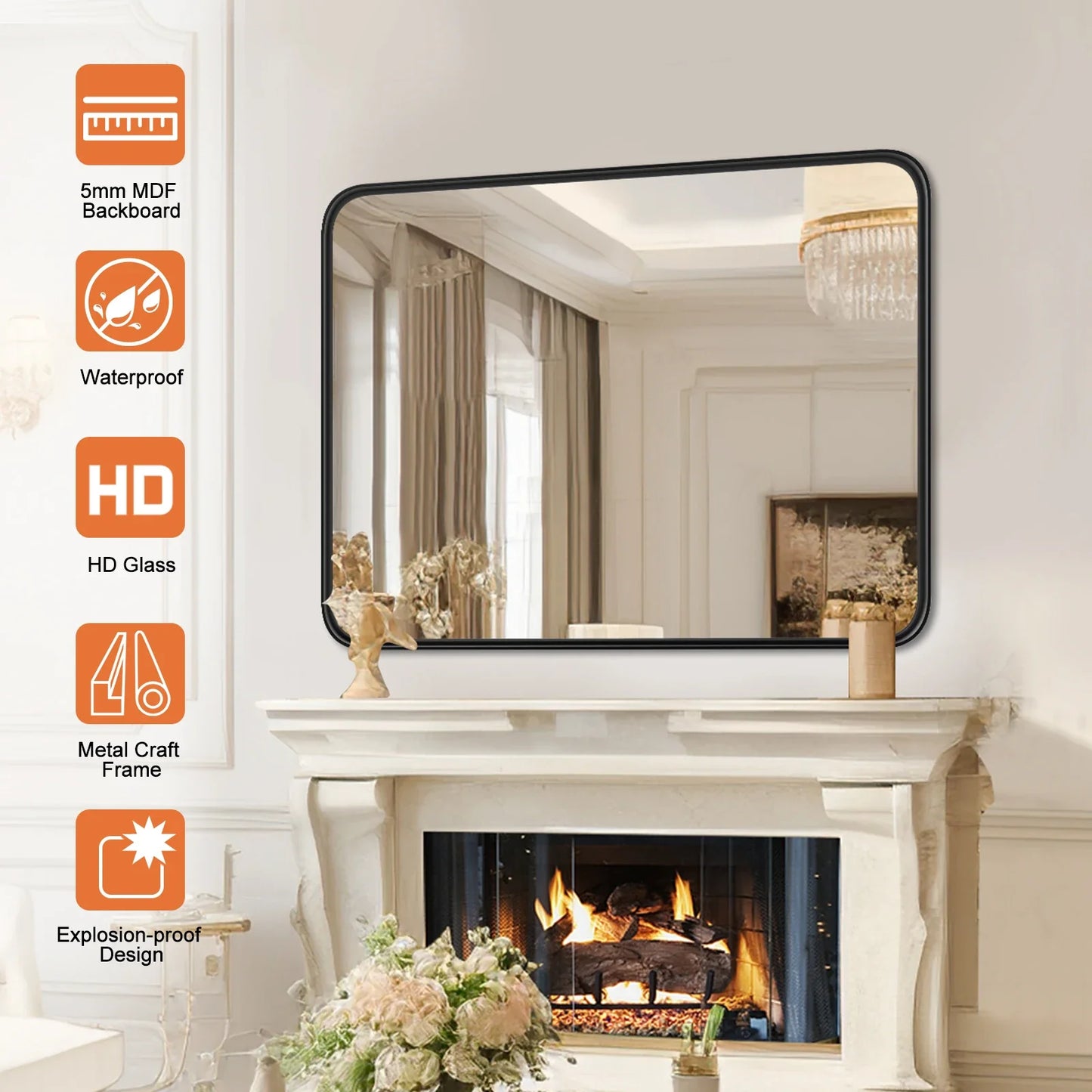 Metal Framed Bathroom Mirror Rectangle Rounded Corner Tempered Glass
