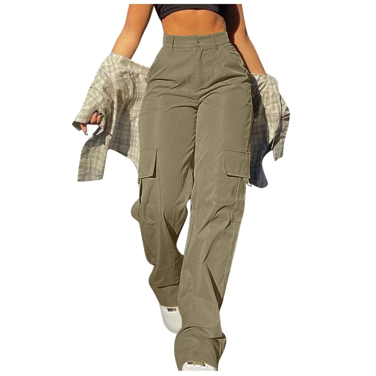 Ladies' Street Fashion Multi Pocket Cargo Pants Summer Solid Color Straight Leg Pants High Waist Slimming Loose Fit Cargo Pants