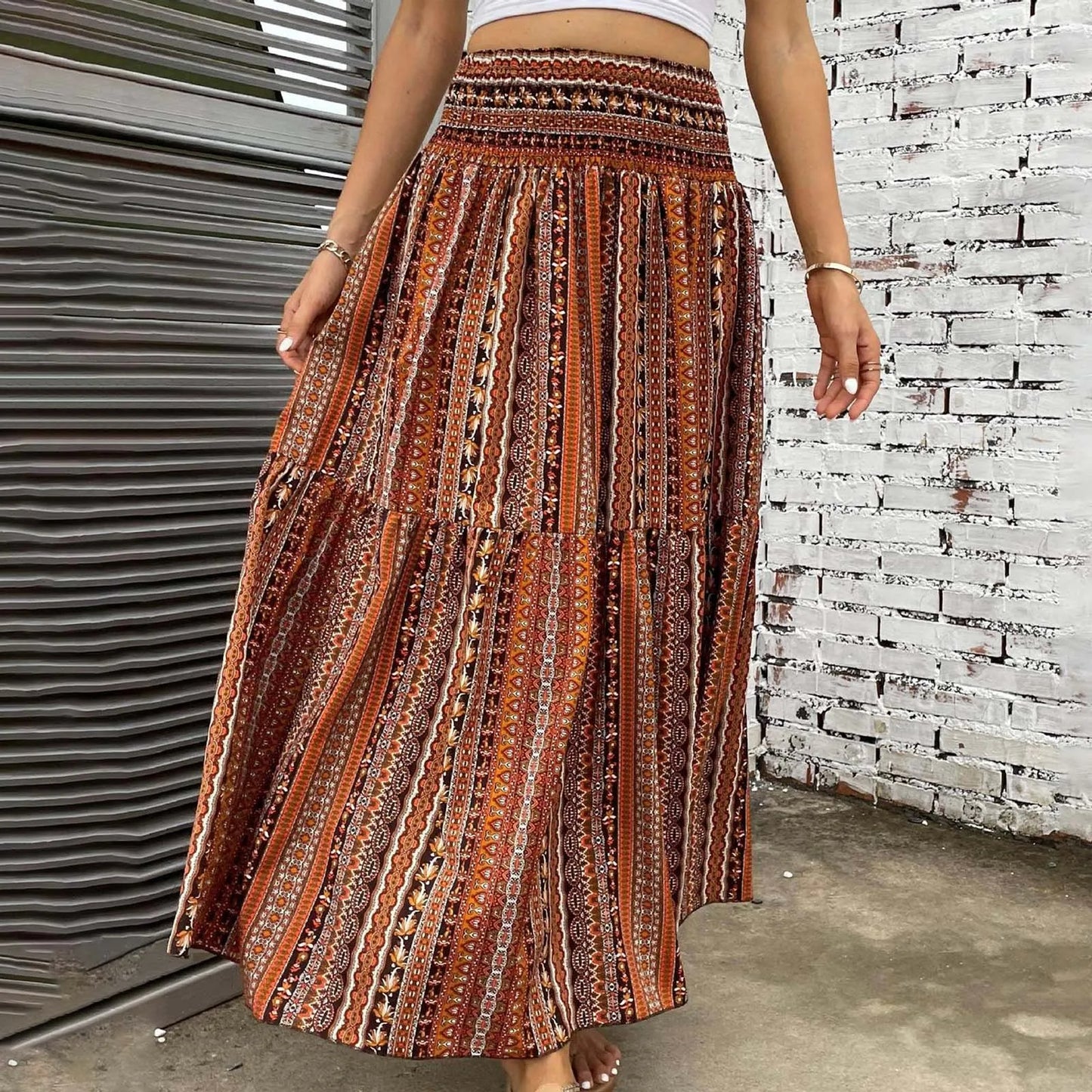 Vintage Boho Skirts For Women Summer Elastic Waist A-Line Faldas Bohemian Printed Flowy Skirt Beachside Swing Maxi Long Skirts