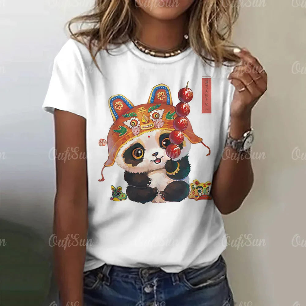 Cartoon Panda Pattern Women's T-Shirt O Neck Short Sleeve Tees Loose Pullover Summer For Ladies Female Fashion Streetwear Tops