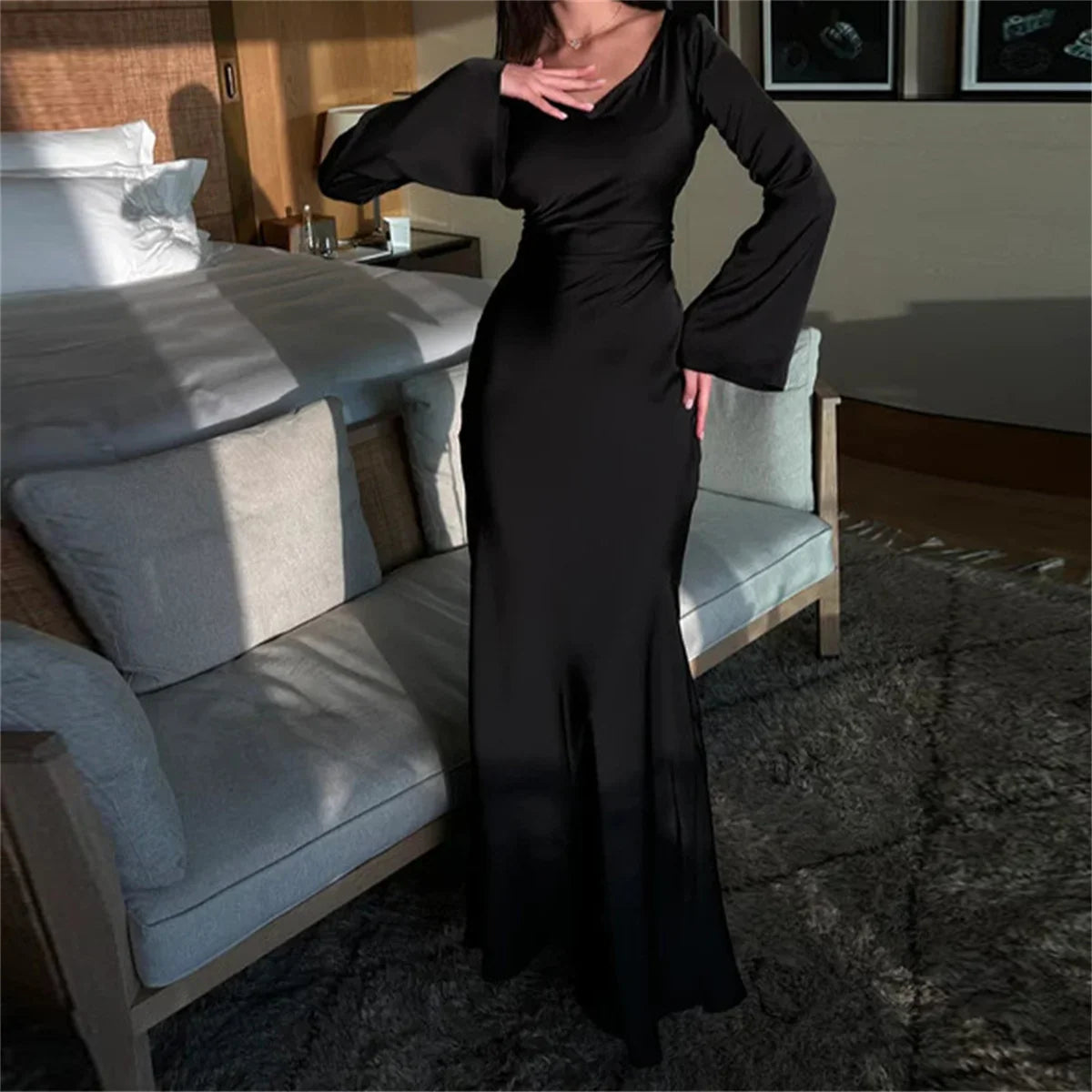 Women‘s Maxi Dress 2025 New Silk Long Round Neck Satin Flare Sleeve Lace Up Slim Skirt Evening Party Dresses Sexy Chic Robes