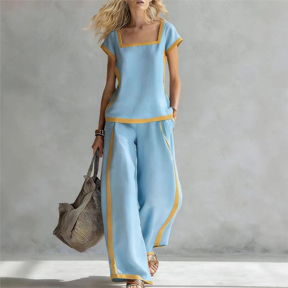 Fashion Square-neck Short-sleeved Wide-leg Trousers Women 2piece Summer New Casual Retro Pocket Trousers Female Office Suit 2026