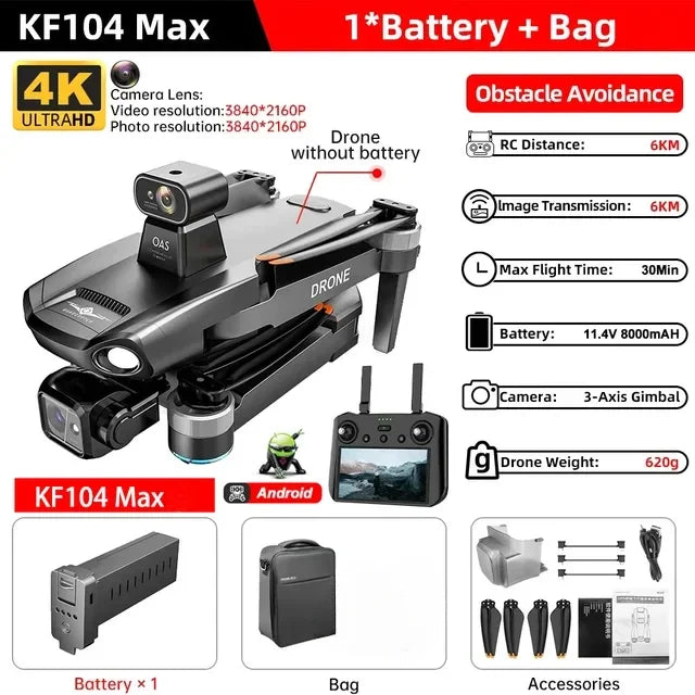 KF104 MAX2 Screen Control Drone 3-Axis Brushless Enhanced Pan Tilt+EIS Electronic Stable HD Camera Laser Obstacle Avoidance Dron