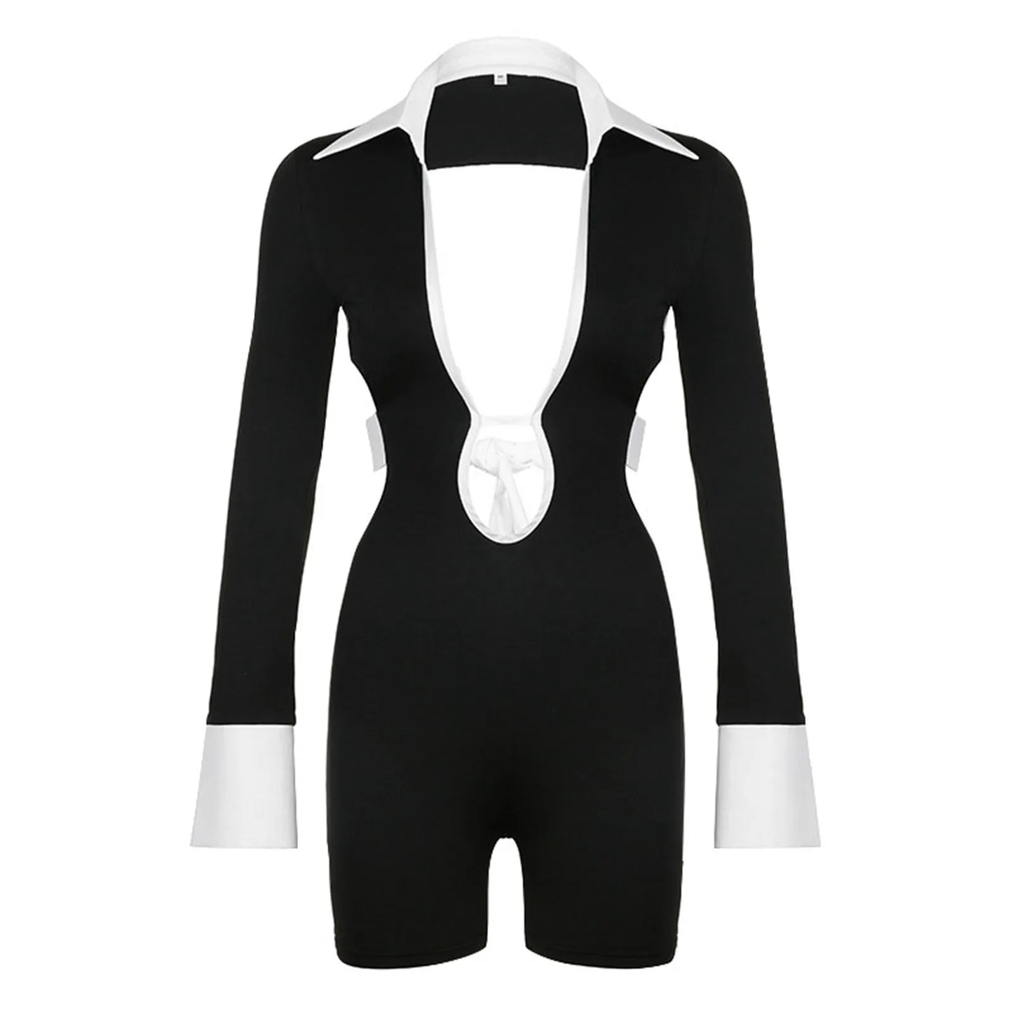 Black White Patchwork Deep V-Neck Hollow Out Jumpsuit Shorts Women Long Sleeve Backless Lace Up Club Party Rompers Outwear 2024