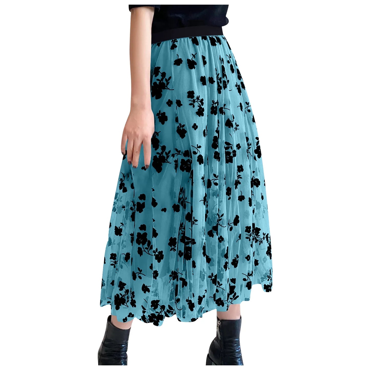 Women Vintage Fashion Floral Printed Flowy A Line Skirt Casual Boho Slim Fit Long Skirt Elegant Chic Summer Mesh Chiffon Skirts