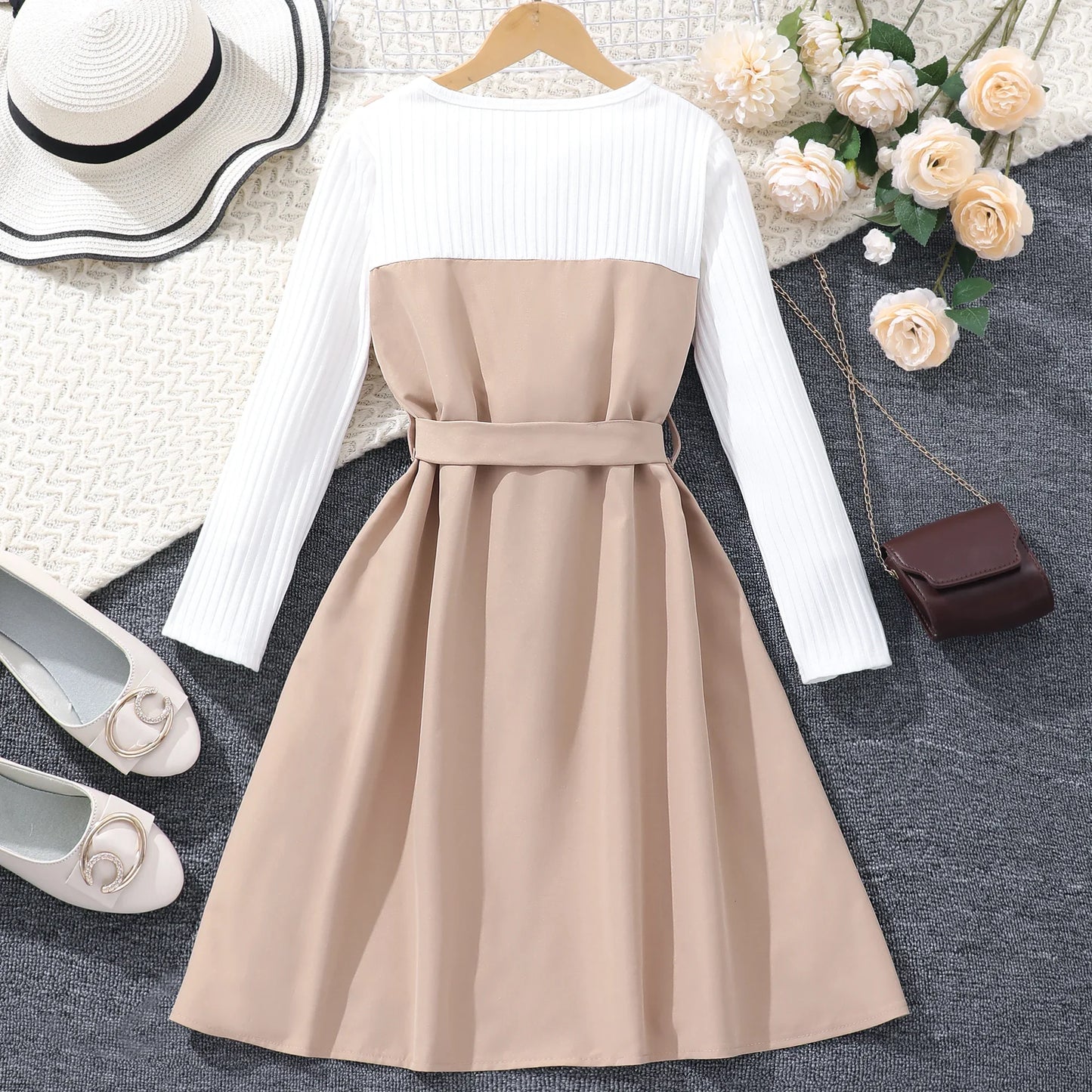 8-12 Yrs Long Dress for Girl Autumn and Winter, Belt Button Khaki  Long Dress.