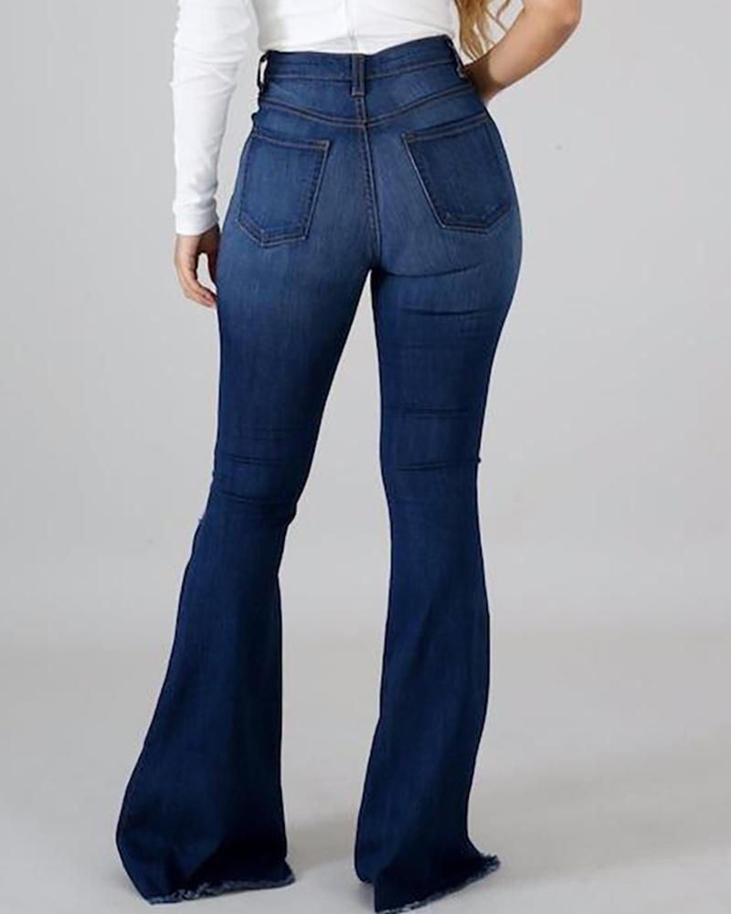 Denim Womens Pants High-stretch Ripped Jeans High-waisted Flared Trousers for Women