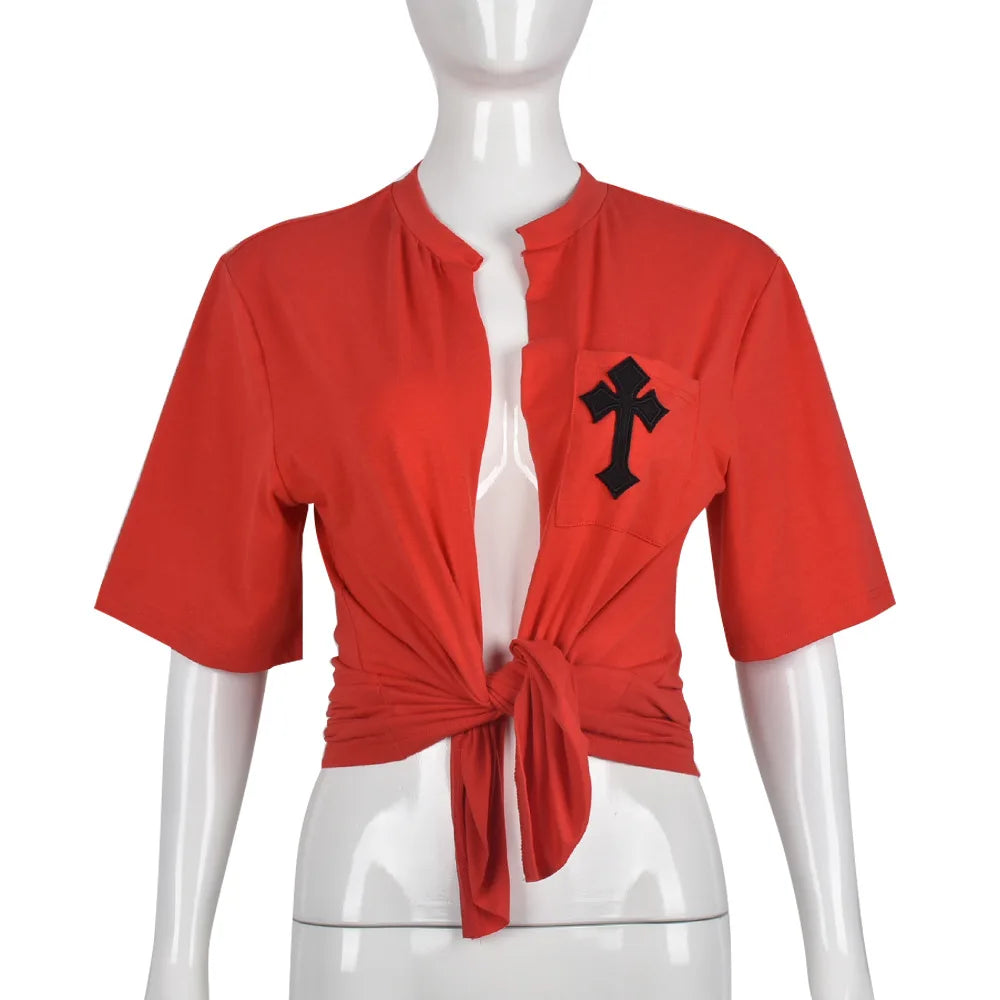 Perl White Cross Hollow Out Shirts for Women Summer Short Sleeve Female Clothes Fashion Christianity Pattern Crop Top Casual Tee