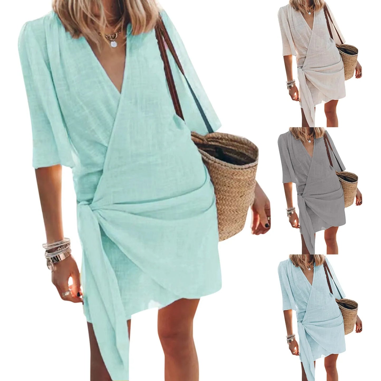 Cotton Linen Dresses Women'S Sexy V Neck Solid Color Pleated Swing Split Mini Dress Party Elegant Chic Vestidos For Womens