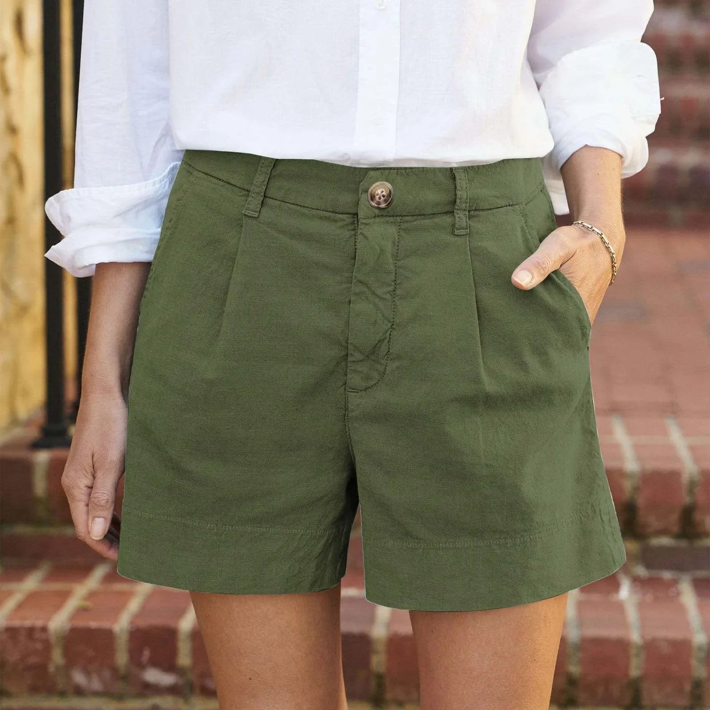 Women'S Summer Shorts Soft Stretch Twill Shorts With Side Pockets Classic Solid Straight Button Daily Commute Comfy Shorts
