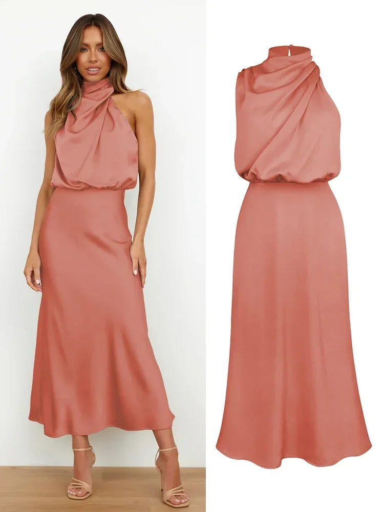 Summer Luxury Sleeveless Silk Satin Long Dress Women Elegant Off Shoulder Celebrity Evening Dress Partywear Lady Trumpet Dress