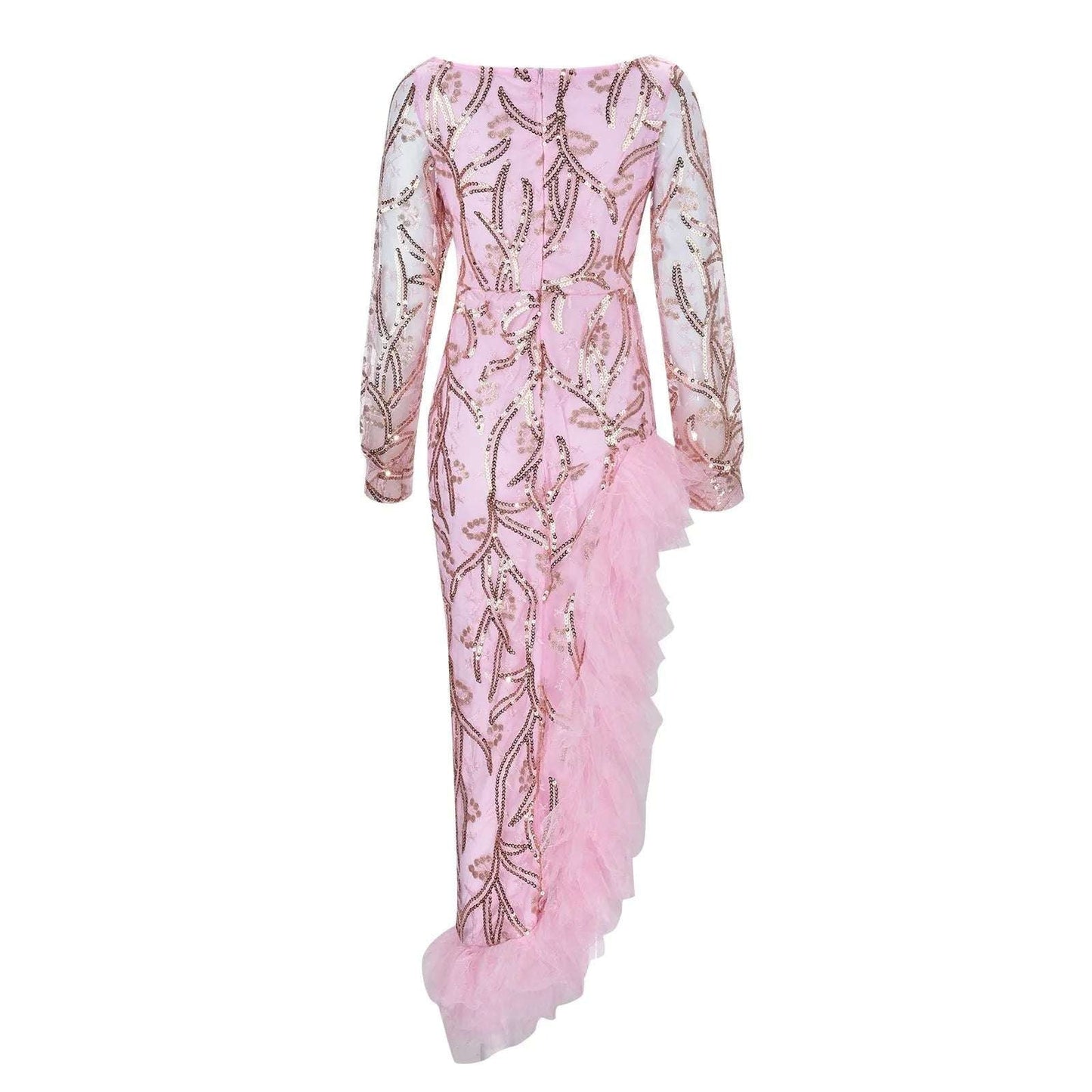 Women's Deep V-Neck Prom Dress Female Evening Gowns Long Sleeve Sequined Glitter Ruffles Split Maxi Dress Puffy Party Dress