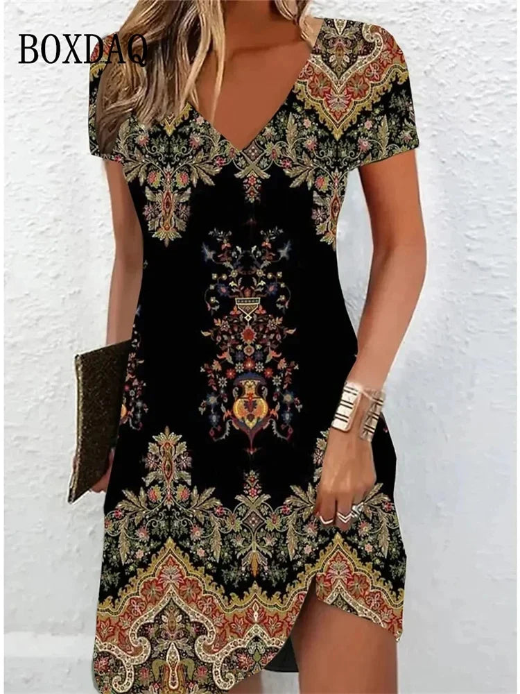 2024 Retro Women Dresses Ethnic Style Floral Print Loose Midi Dress Plus Size Casual Short Sleeve Pullover V-Neck Dress Sundress