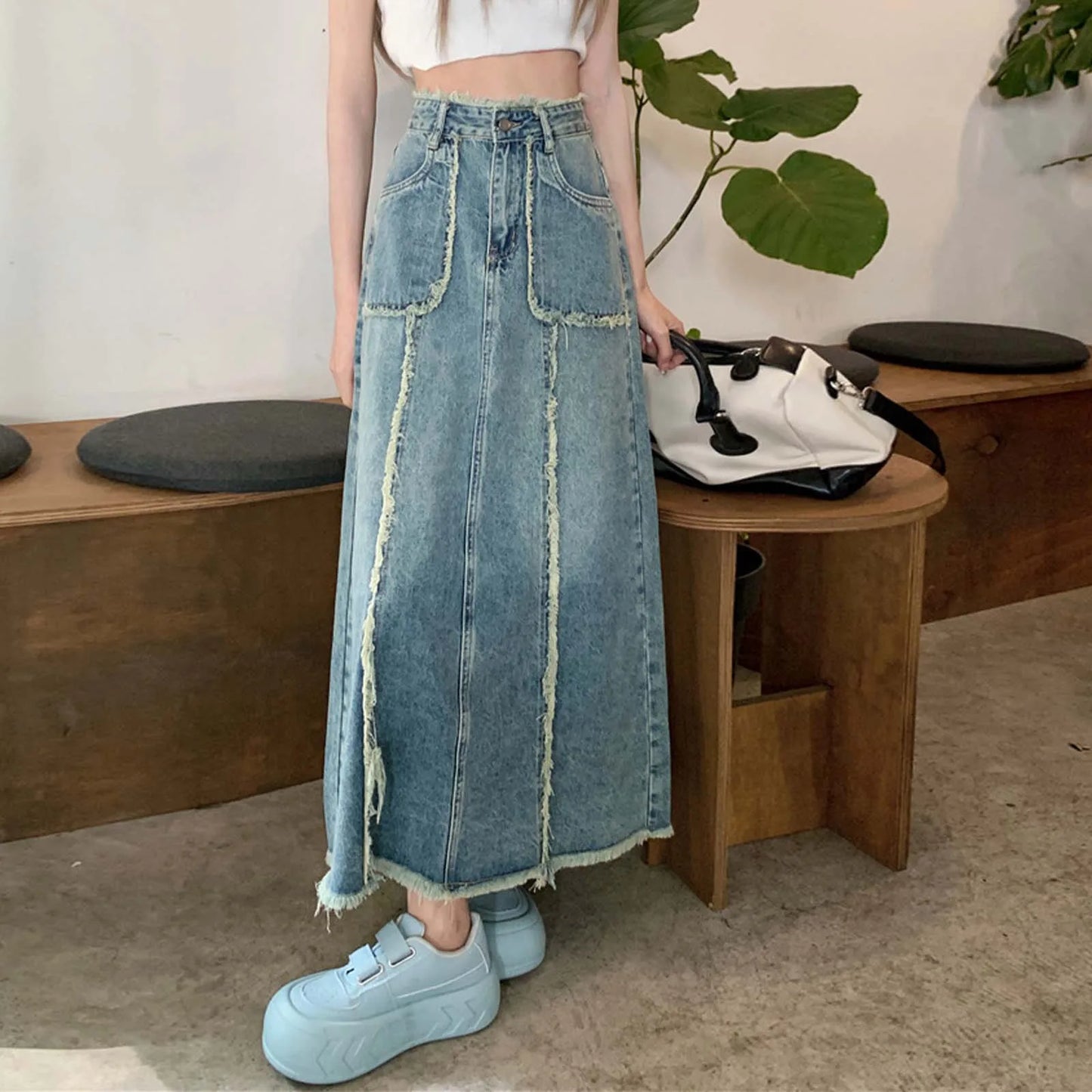 Retro High Waist Denim Skirt For Women Streetwear Y2k Korean Style Skirt Splicing Raw Edge Jeans With Pockets Large Size Skirt