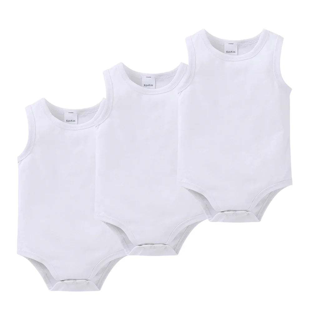 Kavkas 3 Pcs Summer Unisex Baby Vest Bodysuit 100% Cotton Sleeveless Newborn Solid Clothes 0-24 Months Clothing