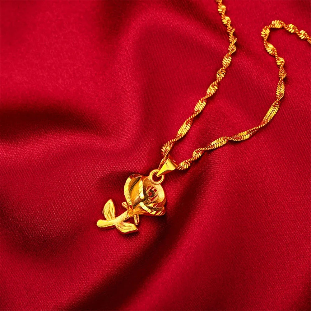 24K Gold Color Flower Pendant Necklaces for Women 18 Inch Water Wave