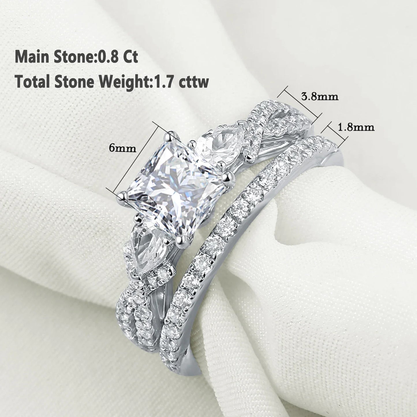 Newshe 2 Pcs Wedding Ring Set 925 Sterling Silver Moissanite Certified Princess Pear Cut Engagement Rings for Women Fine Jewelry