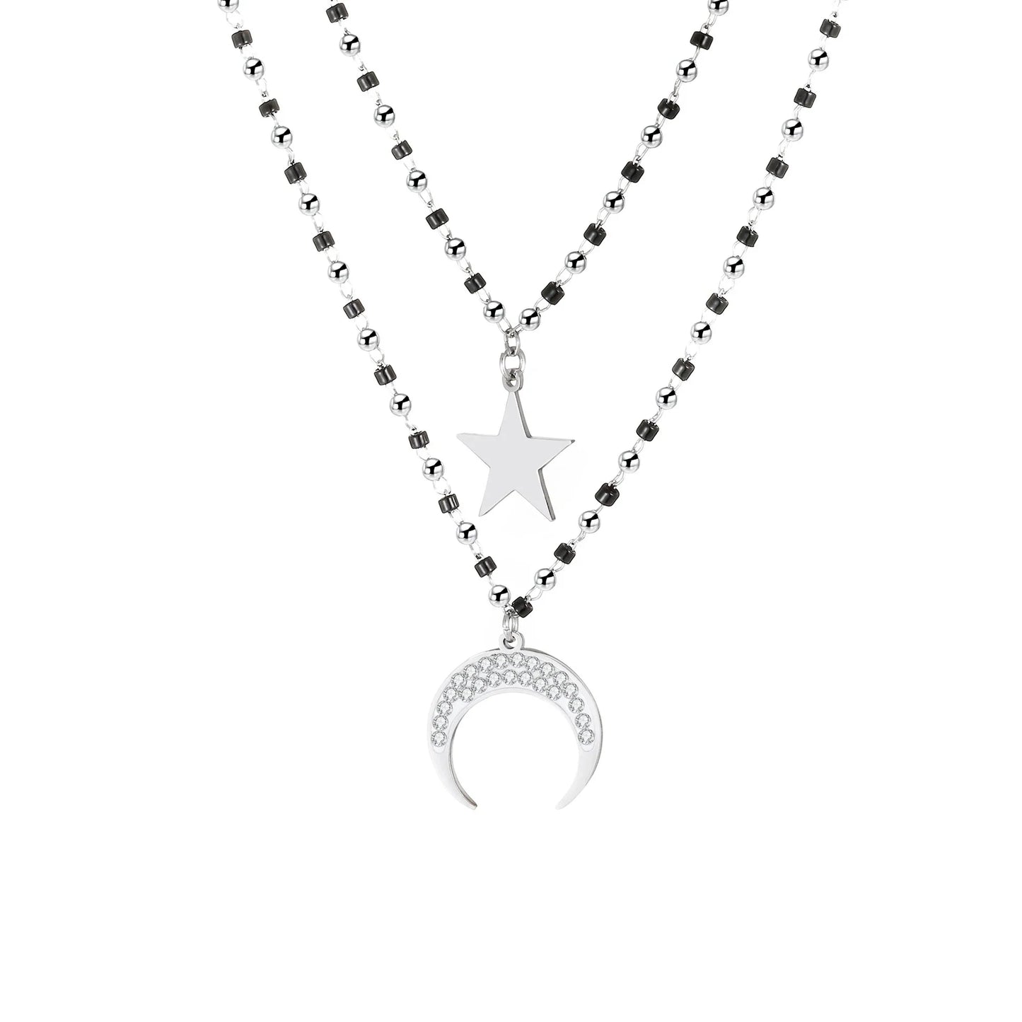 Fashion Double Layer Black Crystal Beads Necklace For Women Stainless Steel Star Choker Necklace Women's Jewelry femme Bijoux